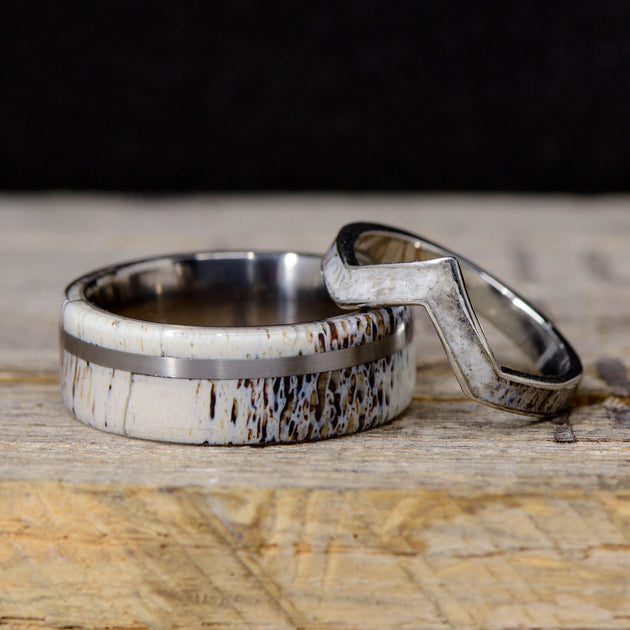 His & Her Natural Deer Antler Ring Set Turquoise Engagement Rings 3 Piece  Wedding Ring Set 