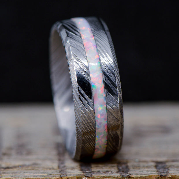 Polished Damascus Steel, White Opal Inlay