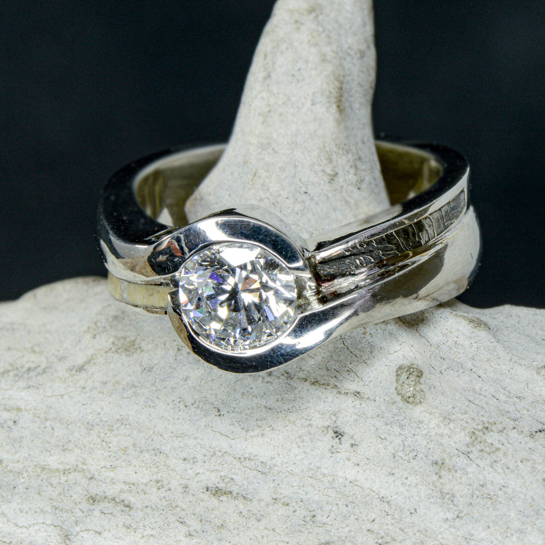 Diamond Solitaire with Etched Muonionalusta Meteorite & Petrified Wood Accents