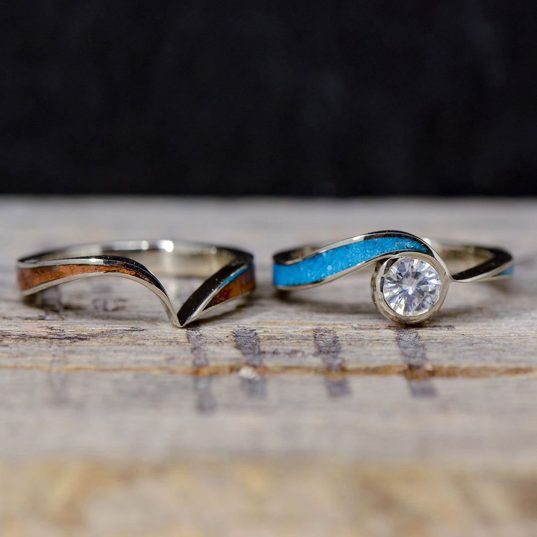 Wavy Diamond Engagement Ring with Rosewood & Turquoise Inlays