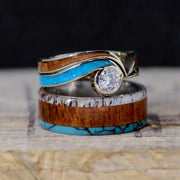 Wavy Diamond Engagement Ring, Rosewood, Turquoise, & Antler