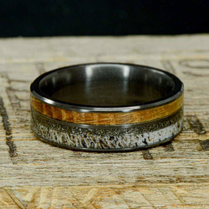 Dry Barrel - Black Zirconium, Whiskey Barrel Wood, Elk Antler, and Meteorite Inlays