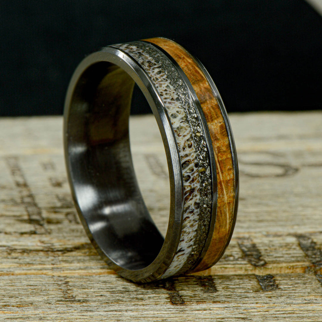 Dry Barrel - Black Zirconium, Whiskey Barrel Wood, Elk Antler, and Meteorite Inlays