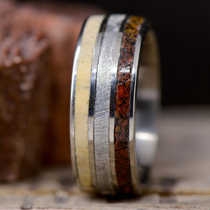 Etched Muonionalusta Meteorite, Dinosaur Bone, & Petrified Wood Inlays