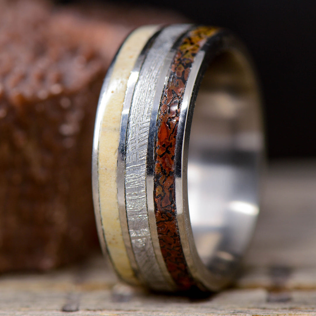 Etched Muonionalusta Meteorite, Dinosaur Bone, & Petrified Wood Inlays