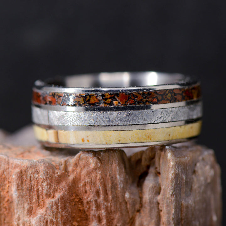 Etched Muonionalusta Meteorite, Dinosaur Bone, & Petrified Wood Inlays