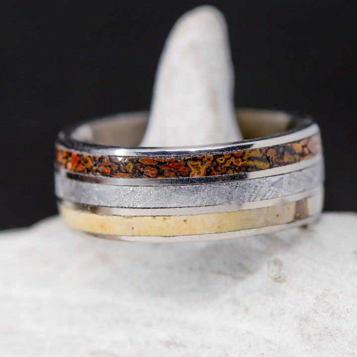 Etched Muonionalusta Meteorite, Dinosaur Bone, & Petrified Wood Inlays