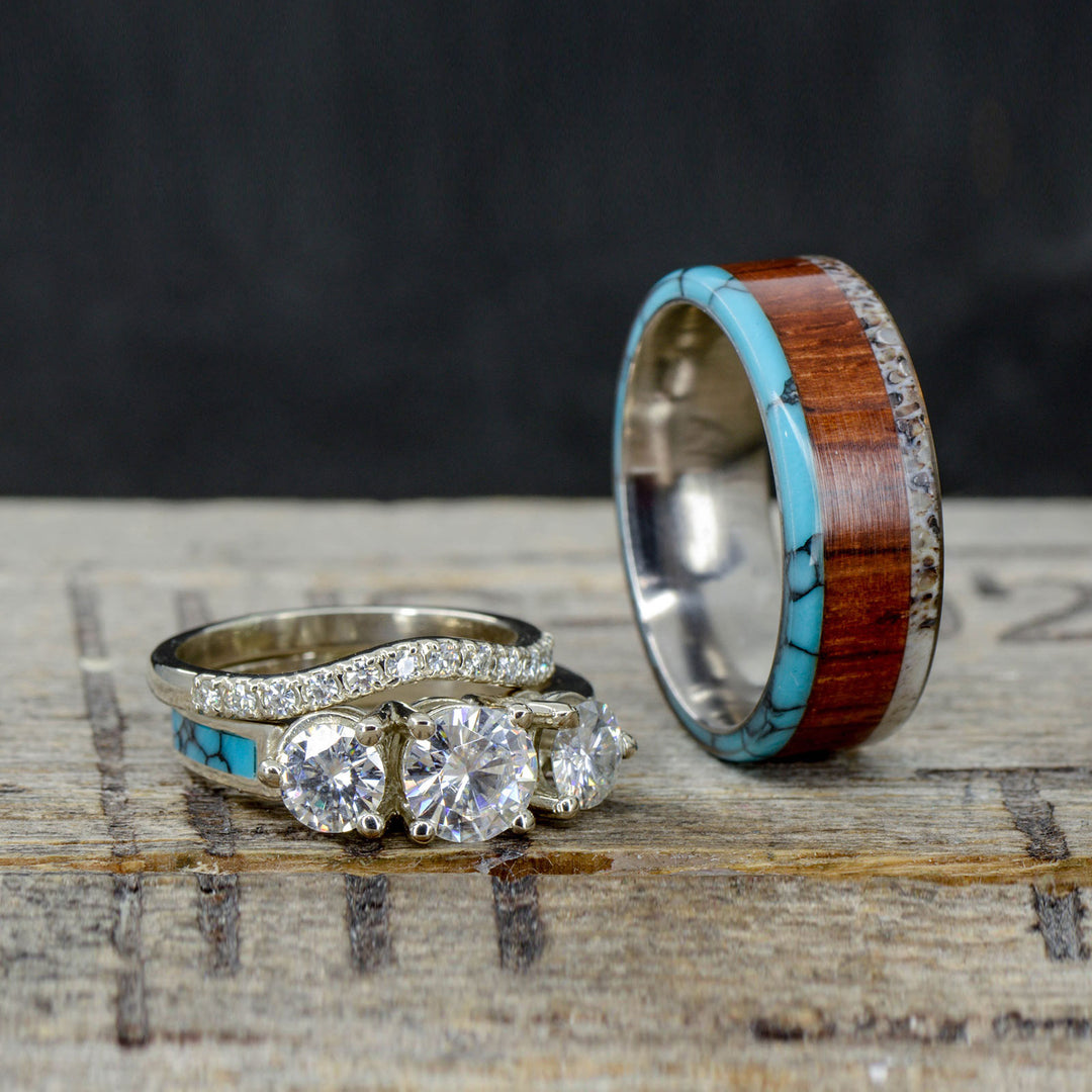 Turquoise, Rosewood, Turquoise, & Diamond Engagement Ring