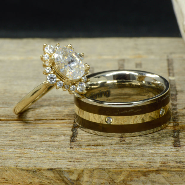 Yellow Gold Oval Diamond Halo Ring & Petrified Wood, Diamonds