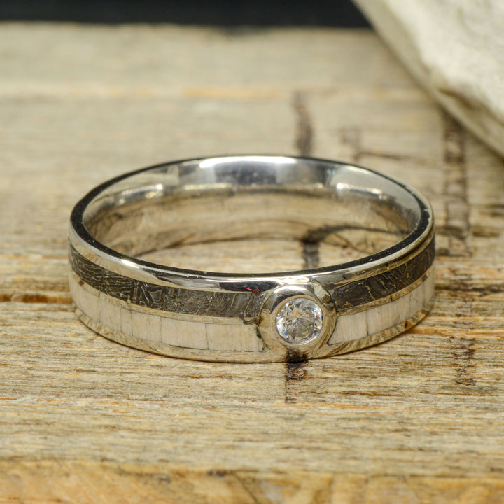Etched Muonionalusta Meteorite, Petrified Wood, & Diamond Stone Setting