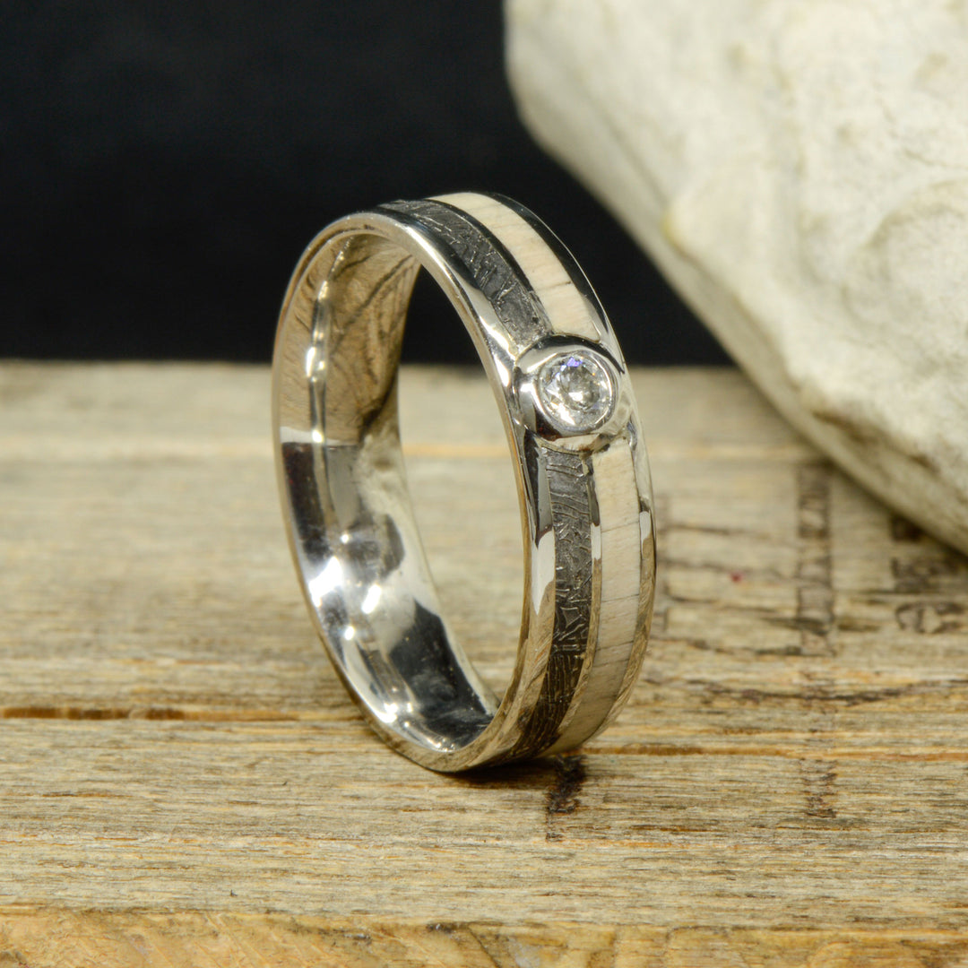 Etched Muonionalusta Meteorite, Petrified Wood, & Diamond Stone Setting