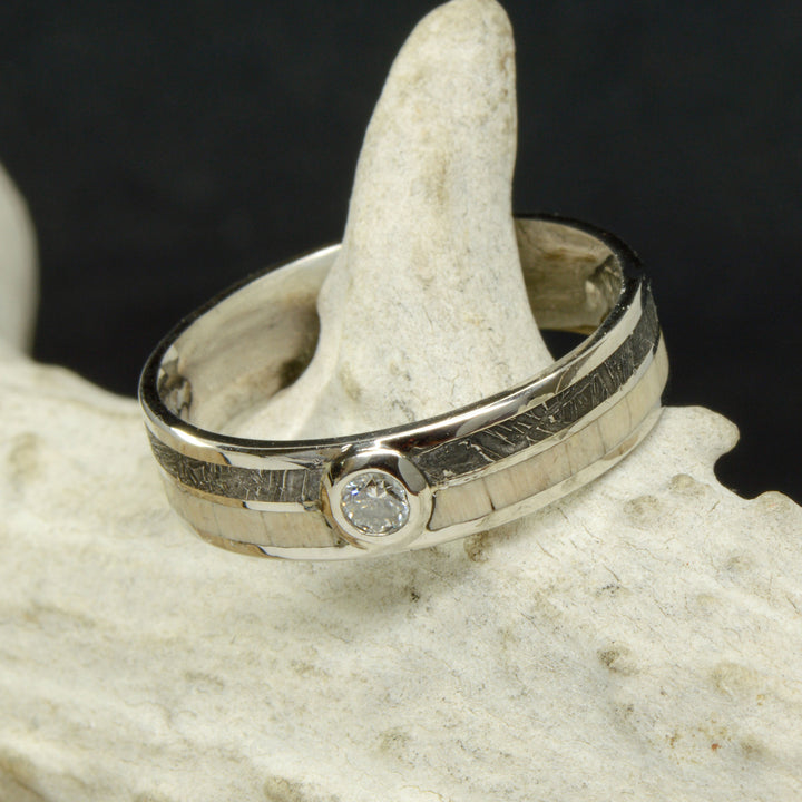 Etched Muonionalusta Meteorite, Petrified Wood, & Diamond Stone Setting