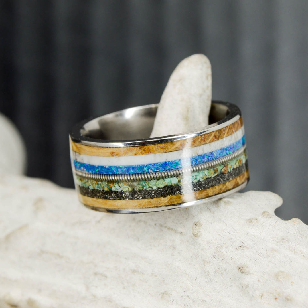 Whiskey Barrel Wood, Antler, Blue Opal, Guitar String, Green Turquoise, Meteorite