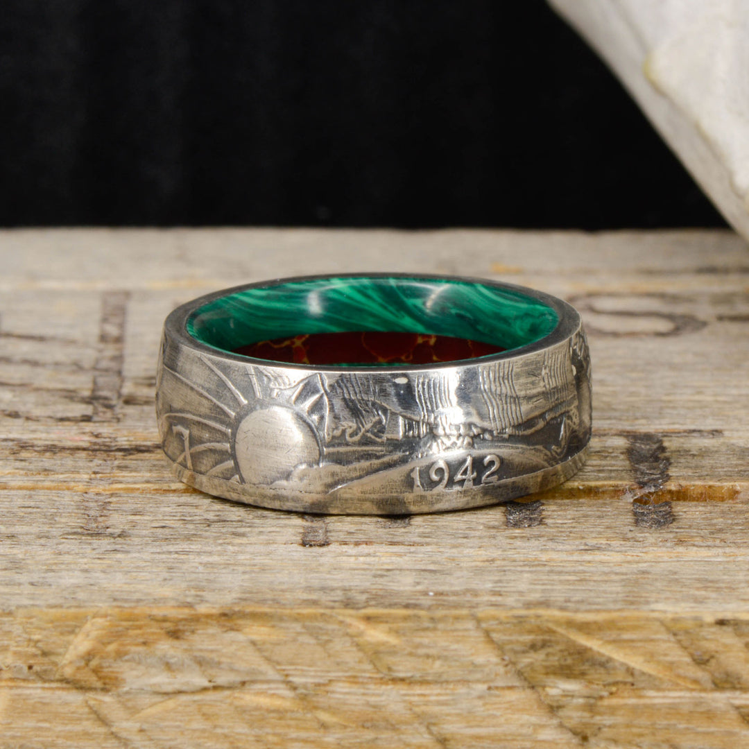 Silver Half Dollar Coin Ring with Malachite and Jasper Sleeve