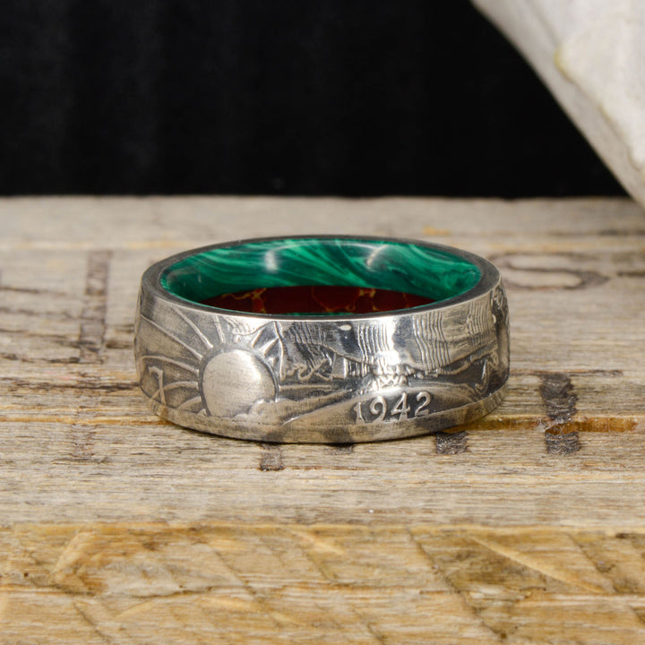 Silver Half Dollar Coin Ring with Malachite and Jasper Sleeve