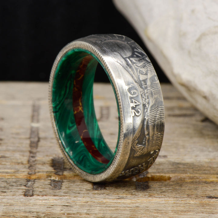 Silver Half Dollar Coin Ring with Malachite and Jasper Sleeve