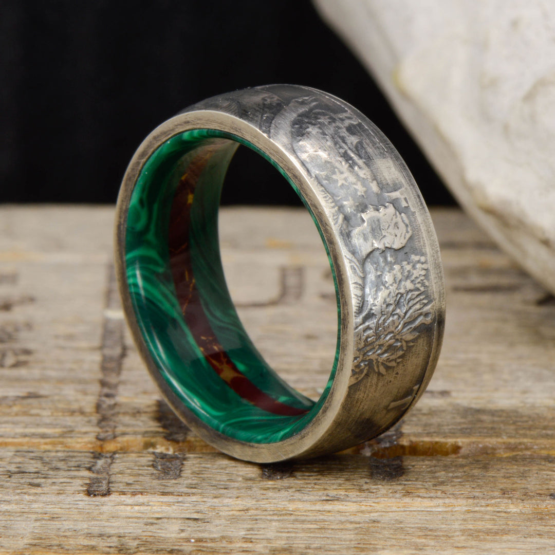 Silver Half Dollar Coin Ring with Malachite and Jasper Sleeve