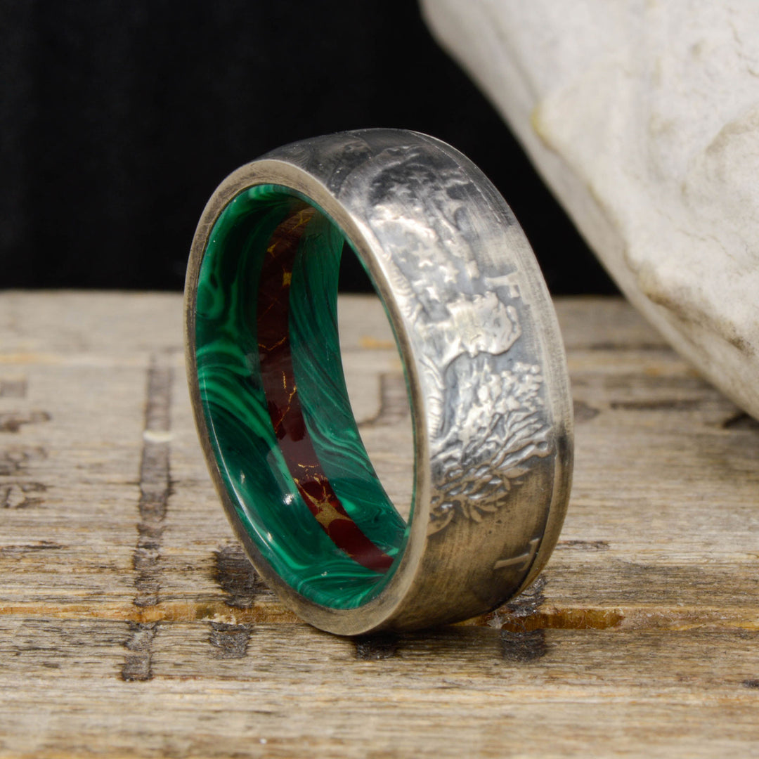 Silver Half Dollar Coin Ring with Malachite and Jasper Sleeve