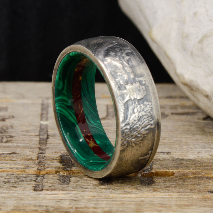 Silver Half Dollar Coin Ring with Malachite and Jasper Sleeve