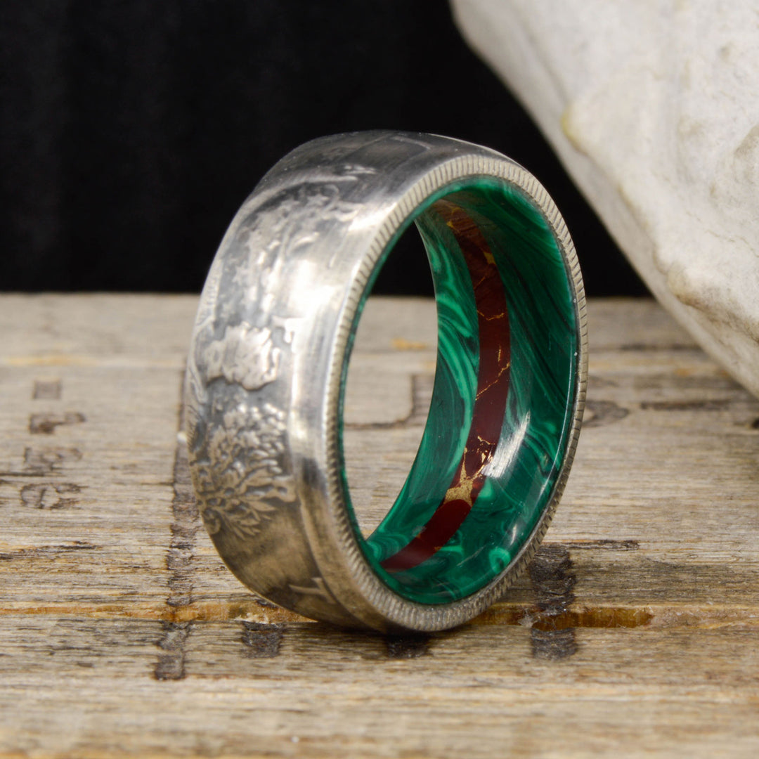 Silver Half Dollar Coin Ring with Malachite and Jasper Sleeve