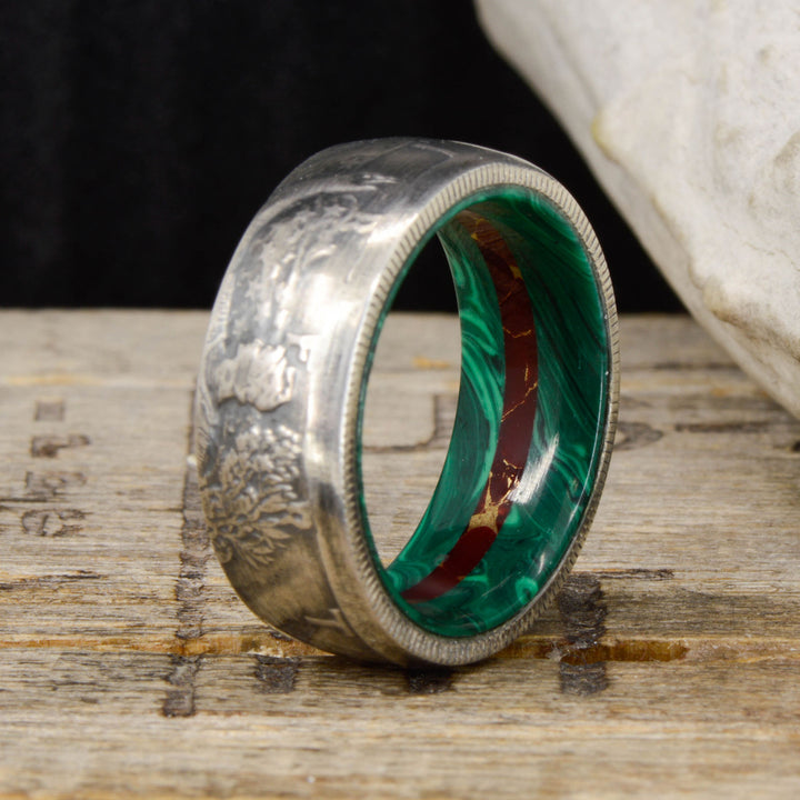 Silver Half Dollar Coin Ring with Malachite and Jasper Sleeve