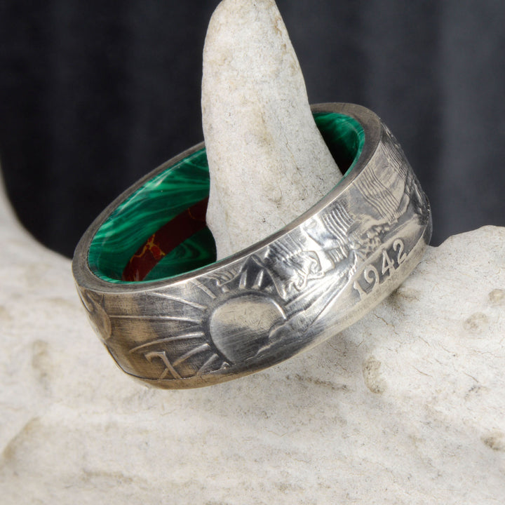 Silver Half Dollar Coin Ring with Malachite and Jasper Sleeve