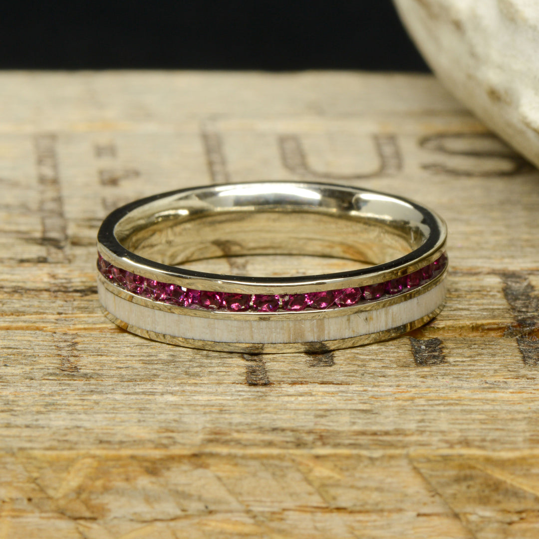 Ruby Channel Ring with Petrified Wood Inlay
