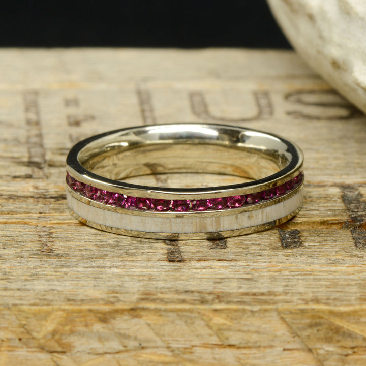 Ruby Channel Ring with Petrified Wood Inlay