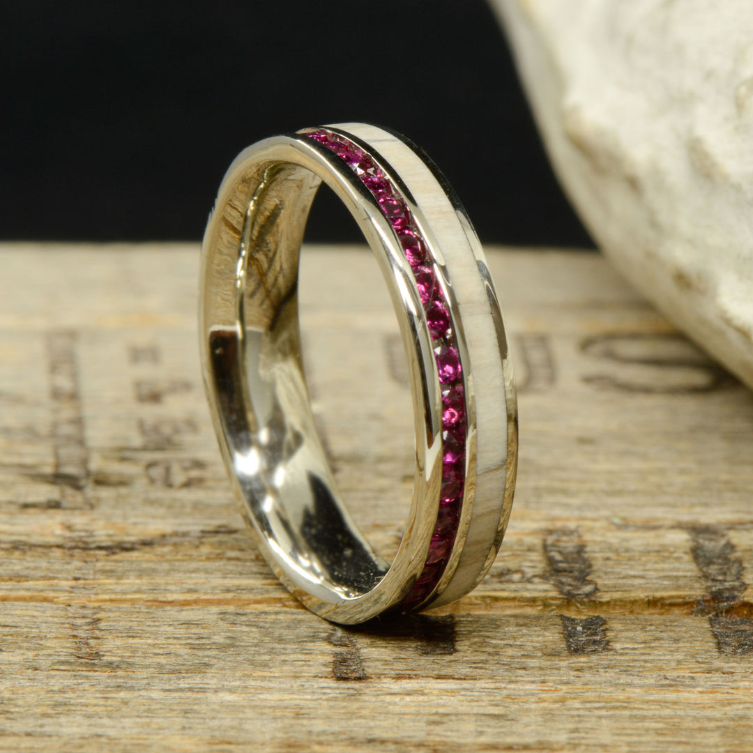 Ruby Channel Ring with Petrified Wood Inlay