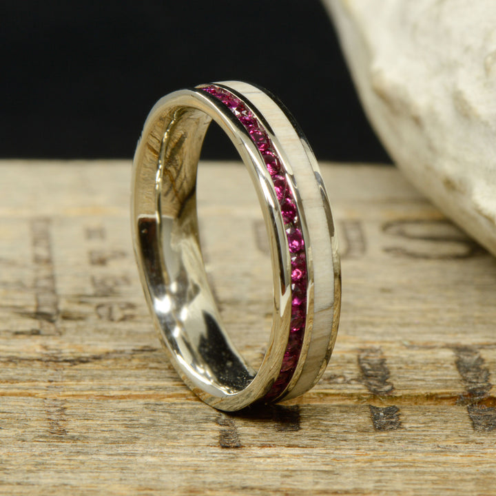 Ruby Channel Ring with Petrified Wood Inlay