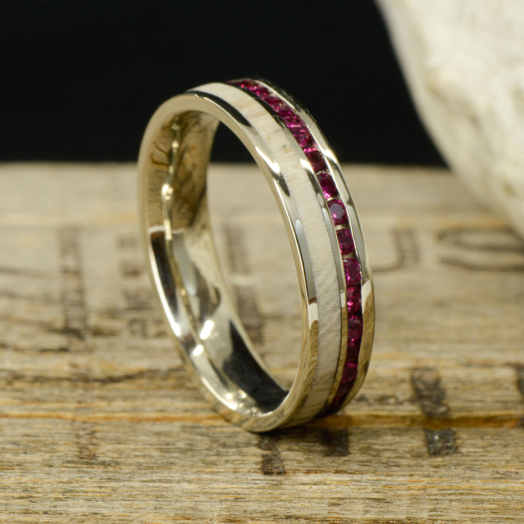 Ruby Channel Ring with Petrified Wood Inlay