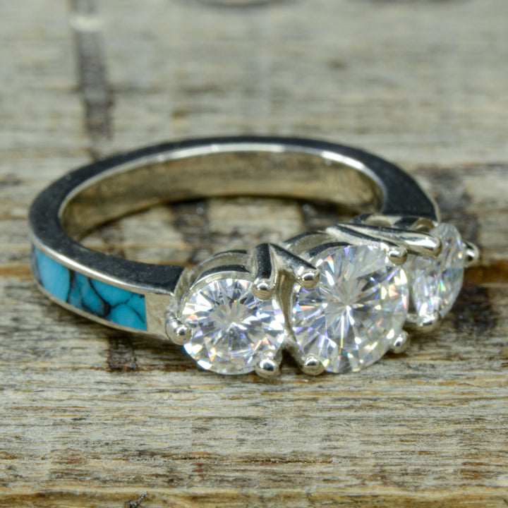 Gold 3 Diamond Ring with Turquoise Band