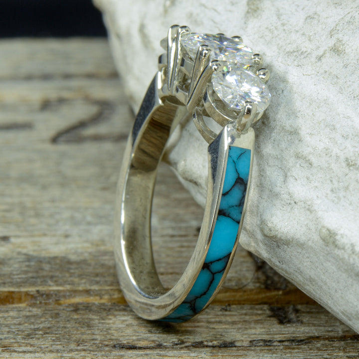 Gold 3 Diamond Ring with Turquoise Band