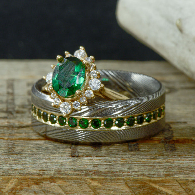 Emerald Halo with Diamonds & Yellow Gold, Polished Damascus Steel