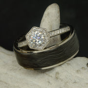 White Gold Diamond Hexagon Halo Ring & Forged Carbon Fiber Band