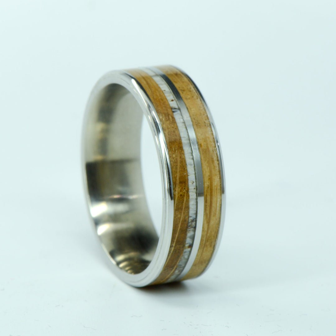 SALE RING - Titanium, Whiskey Barrel Wood, & Antler - Size 13