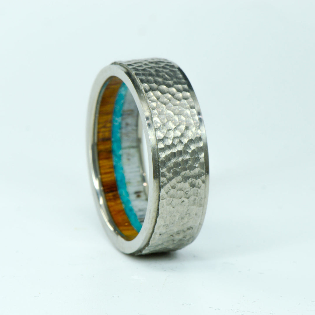 SALE RING - Hammered Titanium, Ironwood, Turquoise, Antler - Size 13