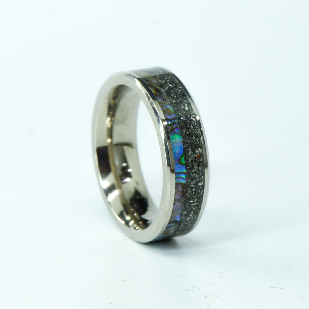 SALE RING - Titanium, Meteorite, & Abalone Shell - Size 6