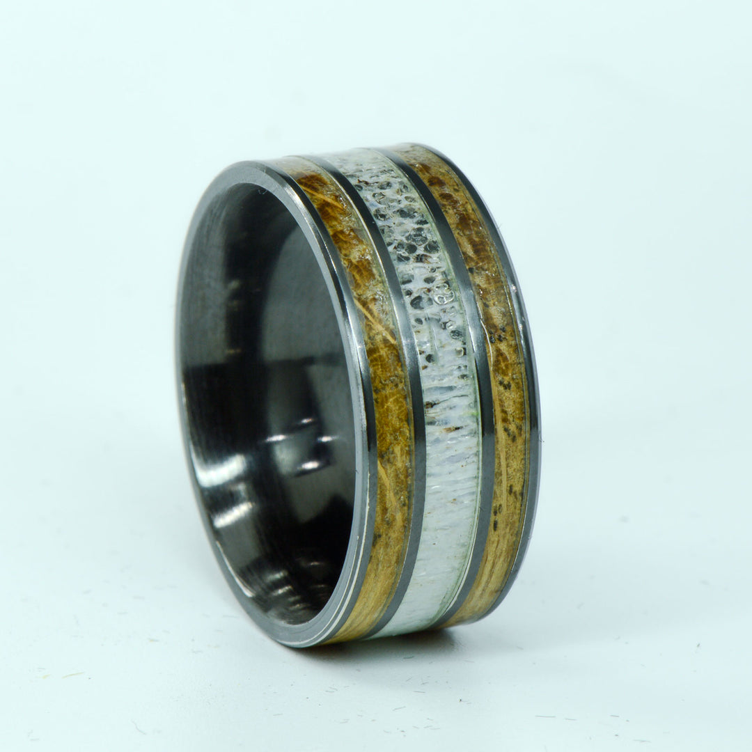 SALE RING - Black Zirconium, Whiskey Barrel Wood, & Antler - Size 11.25