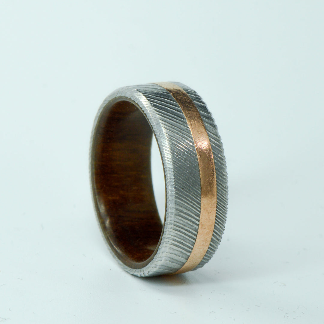 SALE RING - Polished Damascus Steel, Rose Gold, and Walnut - Size 8.5