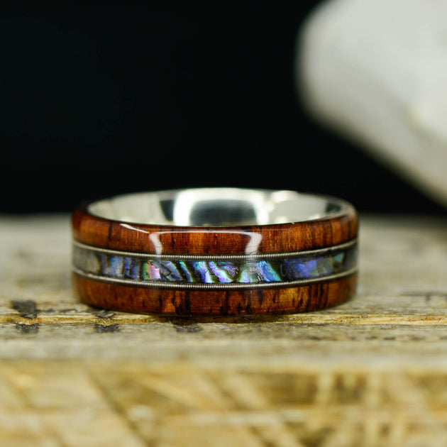 Kingwood & Olive Wood Ring With Abalone Guitar Strings, Wooden