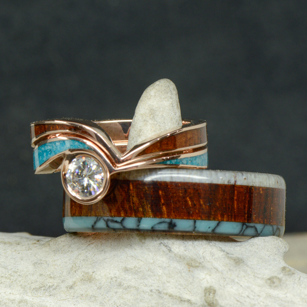 Wavy Diamond Engagement Ring, Rosewood, Turquoise, & Antler