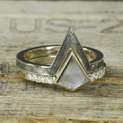 Kite Moonstone Engagement Ring with Diamond Accents & Etched Muonionalusta Meteorite V-Ring