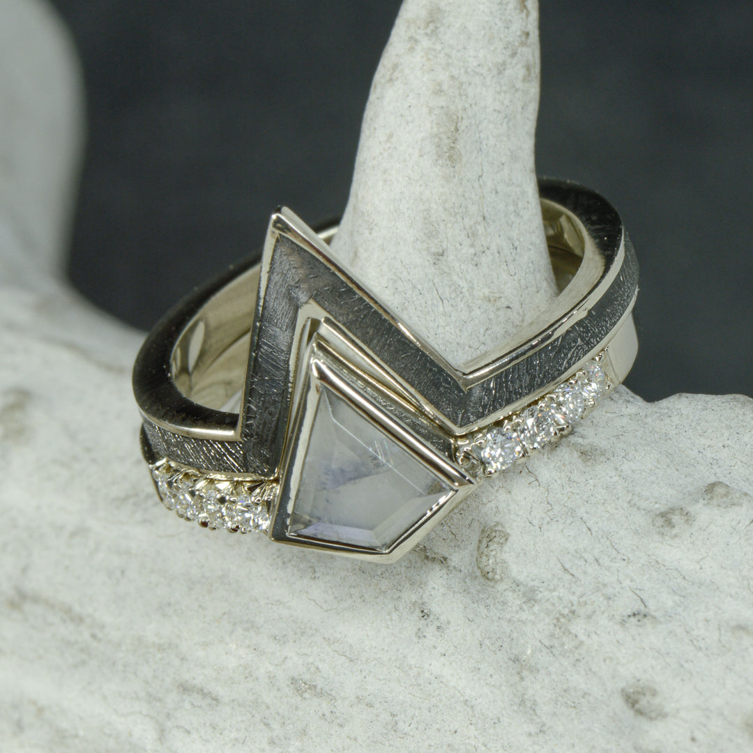 Kite Moonstone Engagement Ring with Diamond Accents & Etched Muonionalusta Meteorite V-Ring