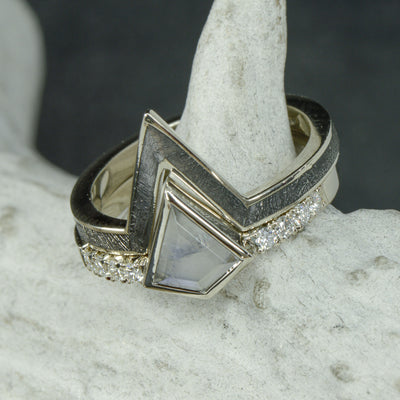 Kite Moonstone Engagement Ring with Diamond Accents & Etched Muonionalusta Meteorite V-Ring