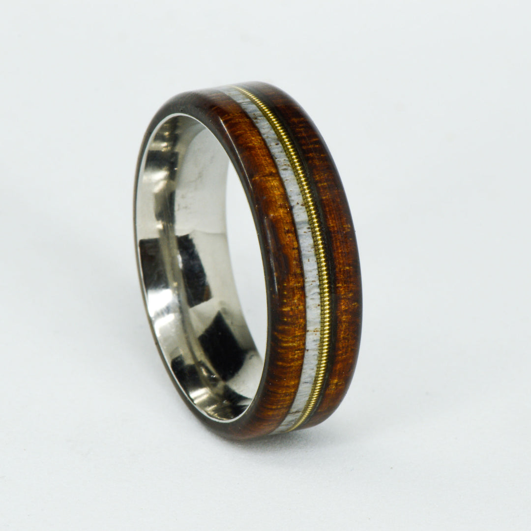 SALE RING - Stainless Steel, Koa Wood, Antler, & Guitar String - Size 13