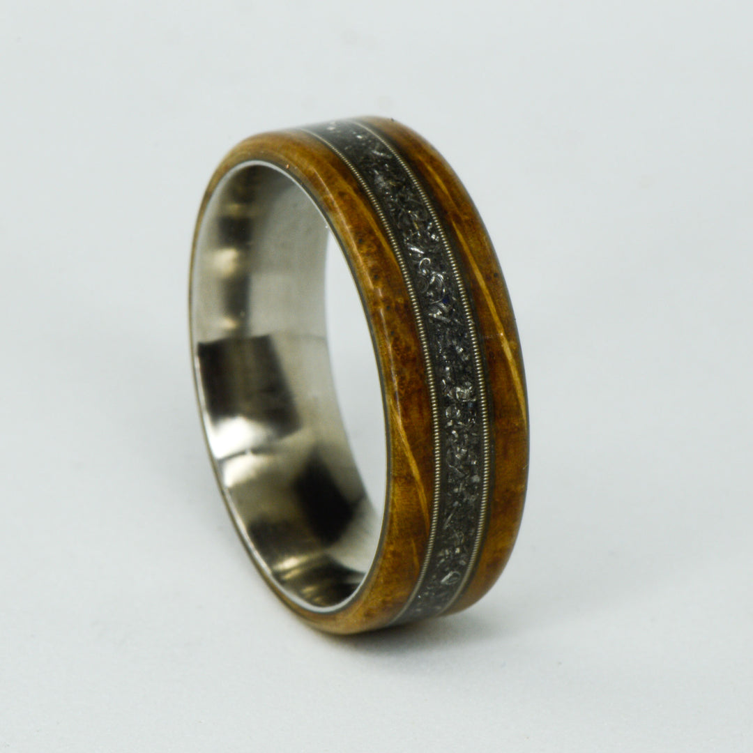 SALE RING - Stainless Steel, Whiskey Barrel Wood, Meteorite, & Guitar Strings - Size 13