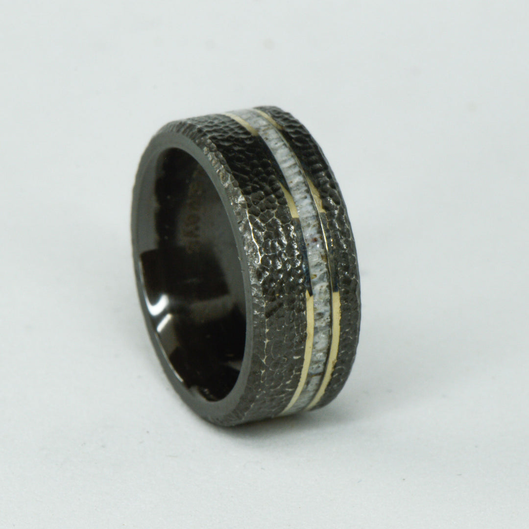 SALE RING - Hammered Black Zirconium, White Gold, & Antler - Size 5.75