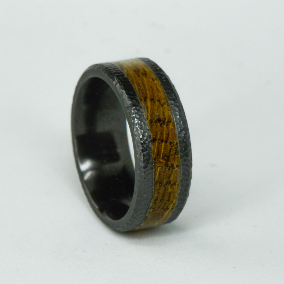 SALE RING - Hammered Black Zirconium and Whiskey Barrel Wood - Size 8.5