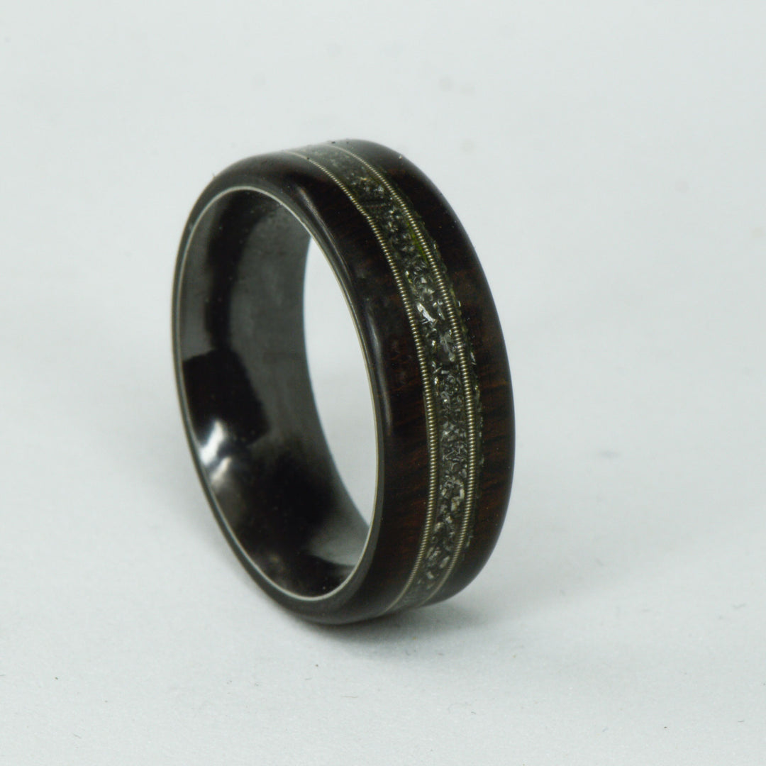 SALE RING - Black Zirconium, Blackwood, Guitar Strings, & Meteorite - Size 9.75